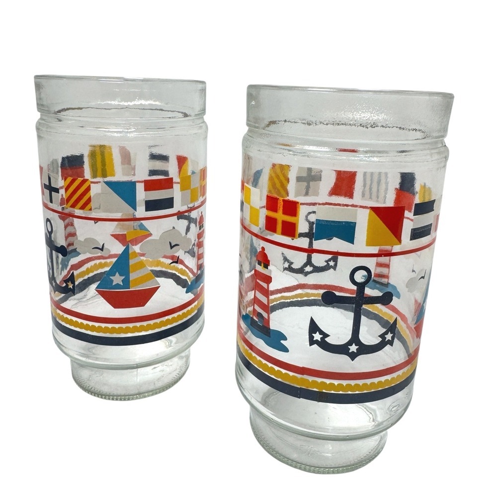 Vintage Nautical Drinking Glasses Set of 2 Anchor Sailboat Lighthouse Flags